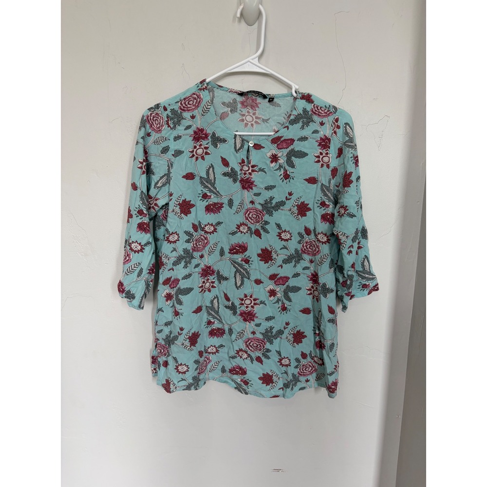 Melange Women Aqua Blue Floral 3/4 Sleeve Viscose Blouse Top Size M